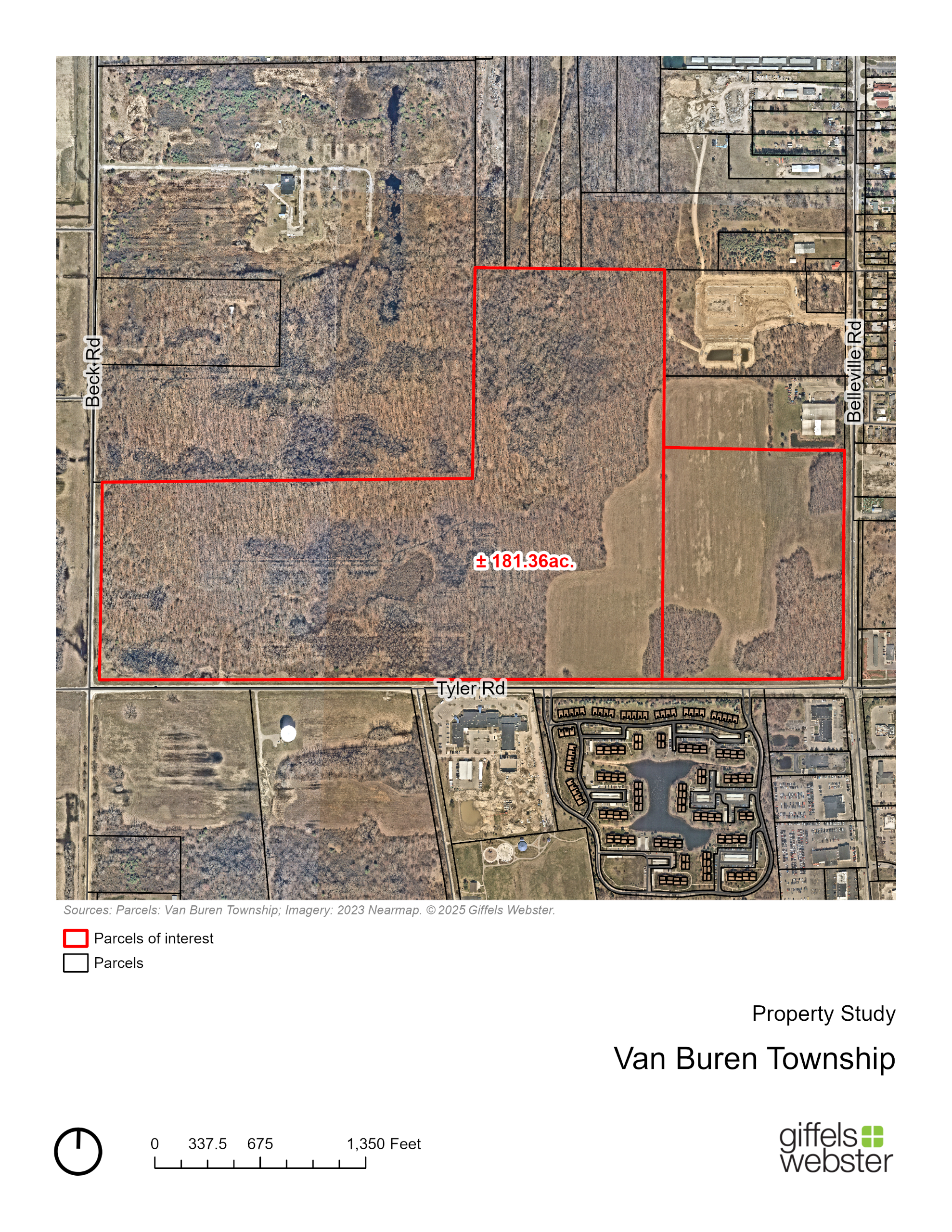 A map outlining the property boundaries of the parcels of interest on Tyler Road and Belleville Road. Combined, both parcels equate to around 181.36 acres.